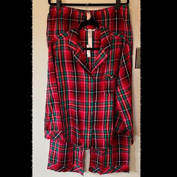 NWT Victoria Secret Ladies XL Long Sleeve Pajama Set Flannel Red Pink Plaid - Picture 1 of 15